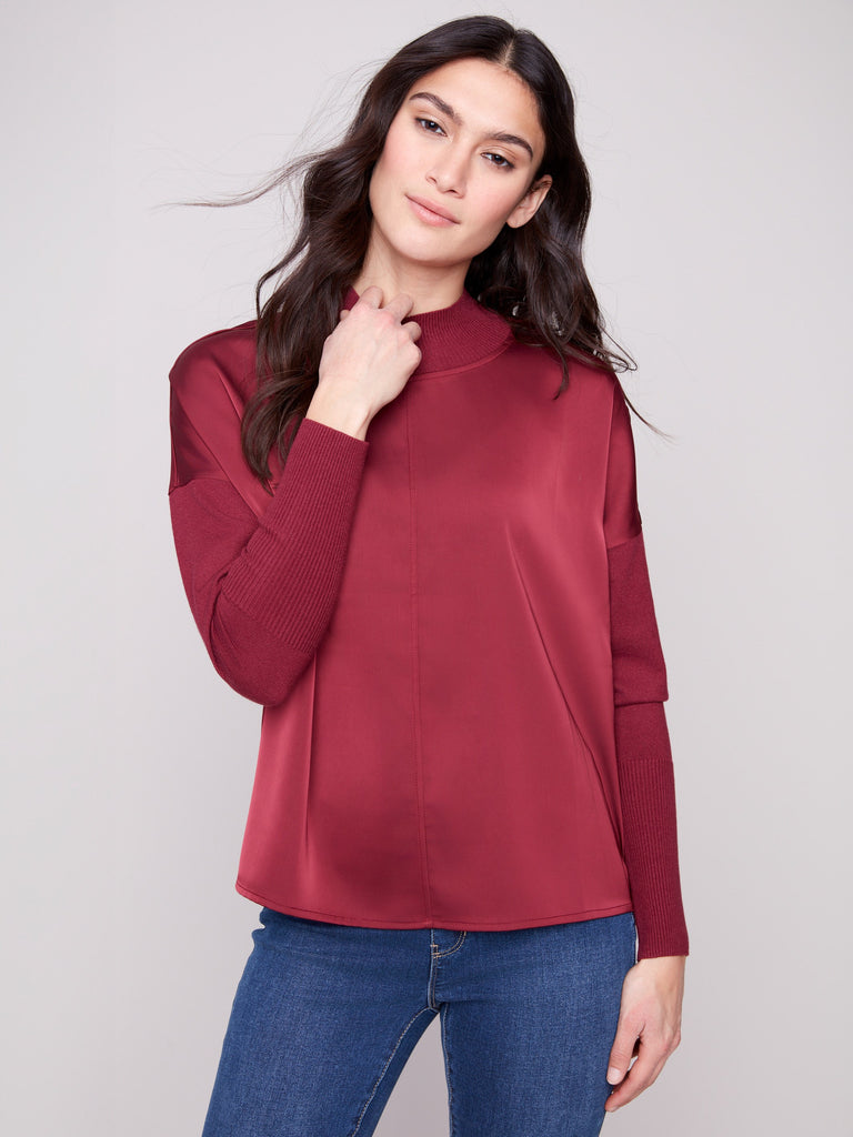 Satin Knit Top With Mock Neck - Cabernet