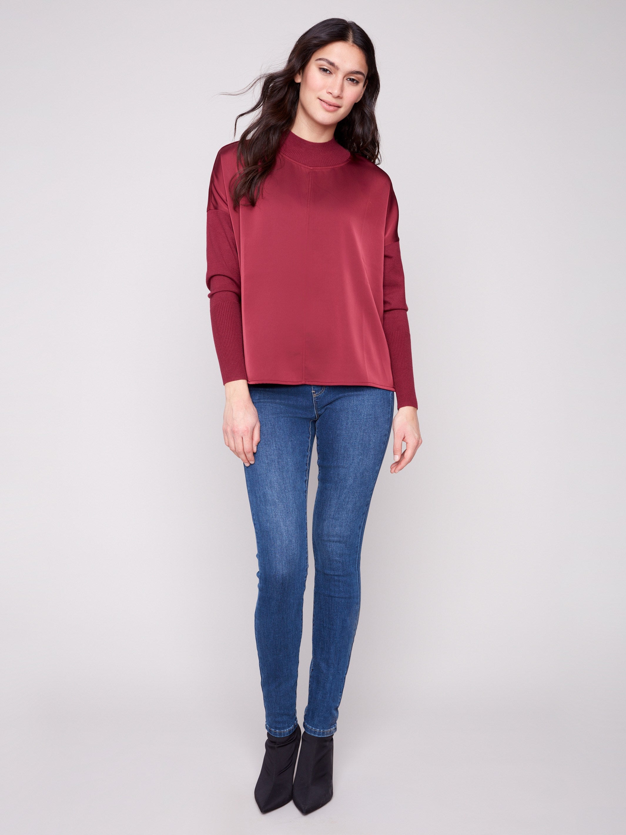 Satin-knit combo in cabernet color with stylish drop shoulders, perfect for a chic look by Charlie B.