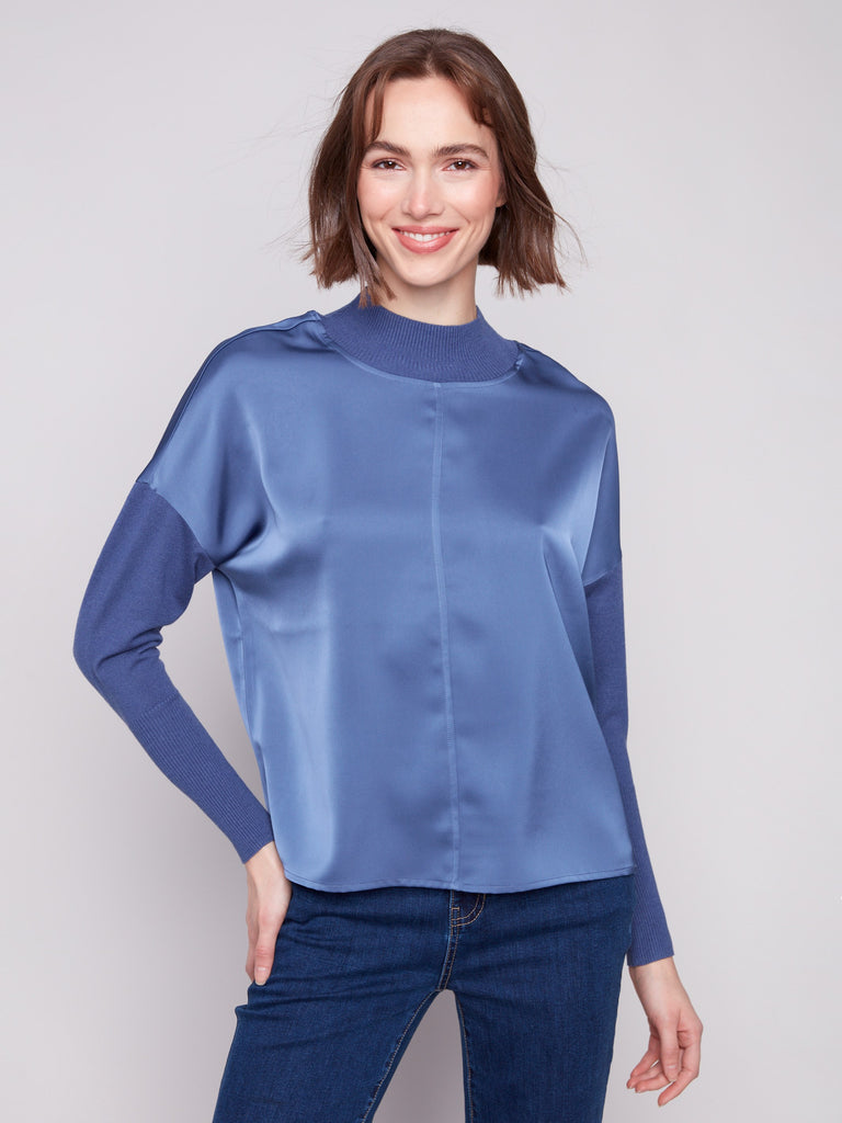 Satin Knit Top With Mock Neck - Moonlight