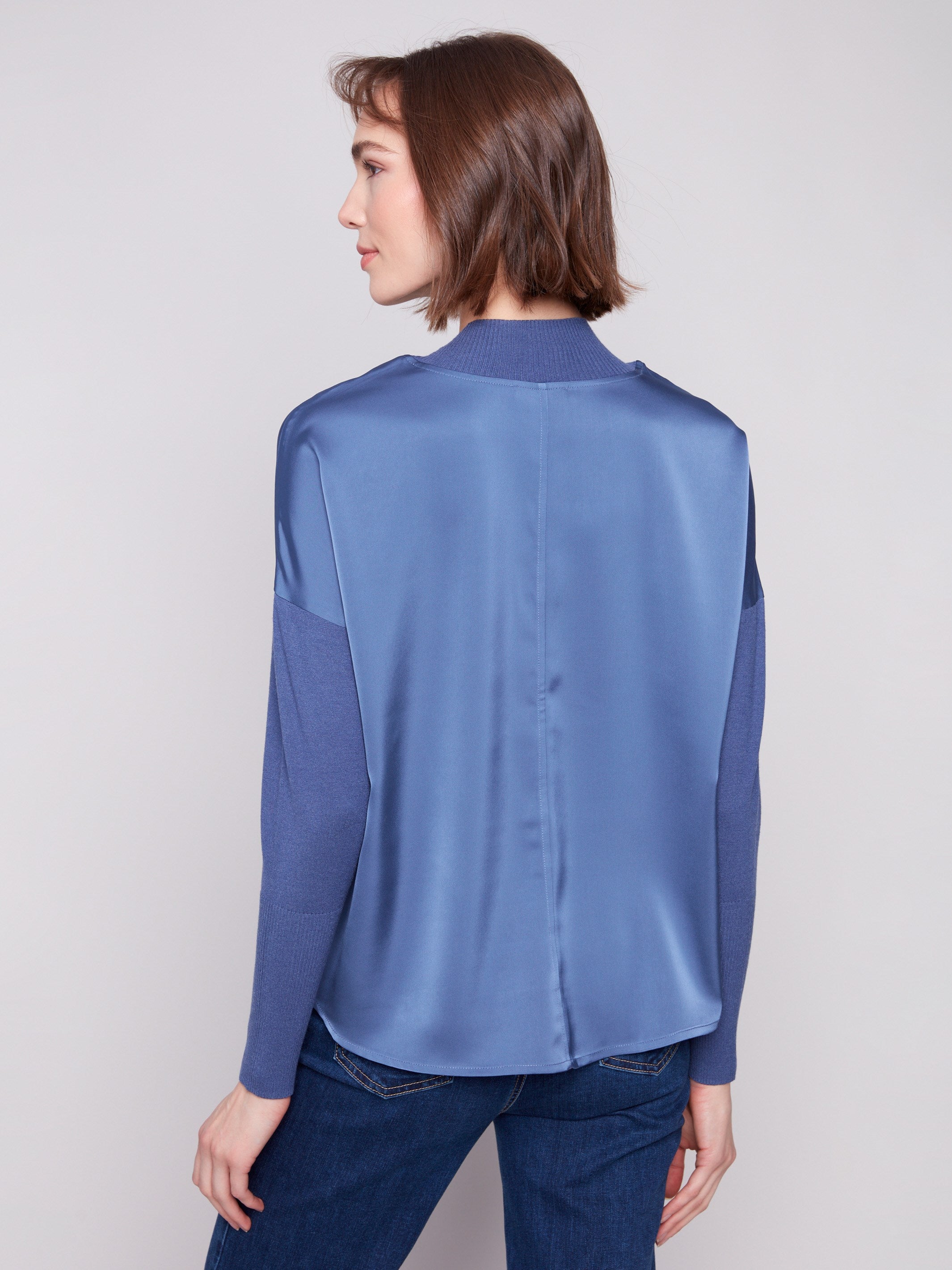 Chic moonlight satin top with drop shoulders, enhanced by the unique satin-knit combo design by Charlie B.