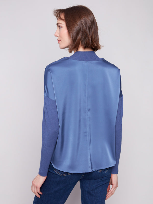 Chic moonlight satin top with drop shoulders, enhanced by the unique satin-knit combo design by Charlie B.
