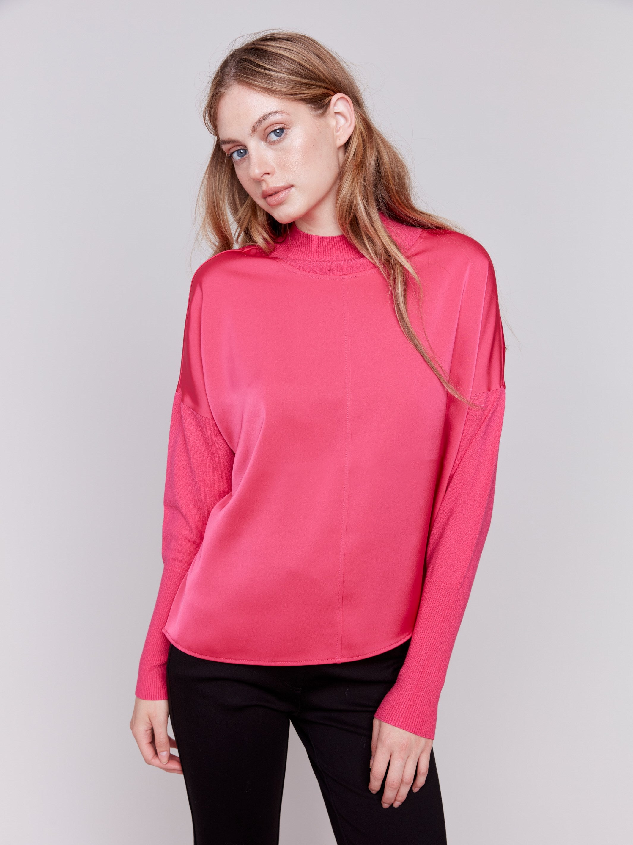 Mock Neck Lace Cuff Knit Top