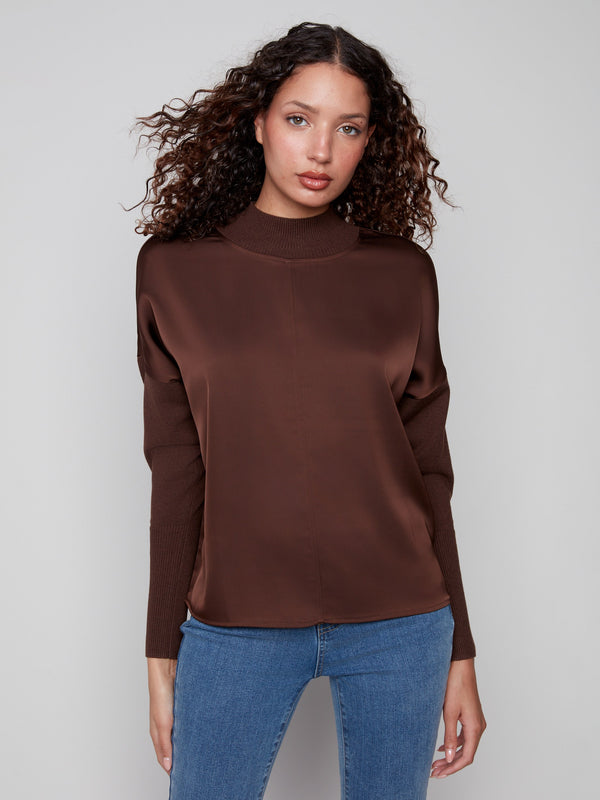 Mocha satin knit top with ribbed cuffs and neckline, highlighting its stylish design by Charlie B.