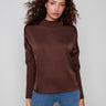 Mocha satin knit top with ribbed cuffs and neckline, highlighting its stylish design by Charlie B.