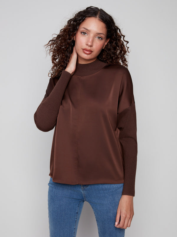 Mocha satin knit top featuring a chic mock neck, offering a sophisticated touch by Charlie B.