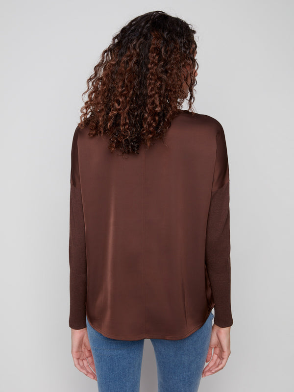Mocha satin knit top with an elegant satin-knit combo, adding texture and style by Charlie B.