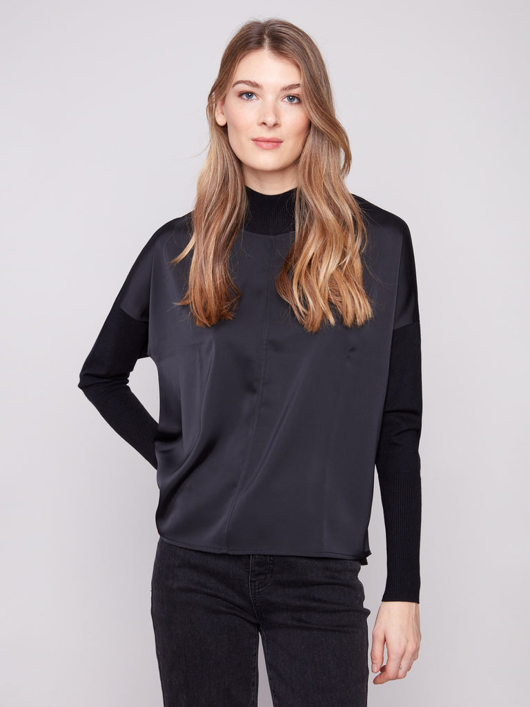 Satin Knit Top With Mock Neck - Black