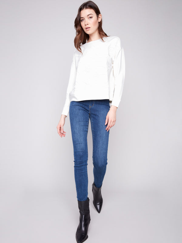 Scuba Knit Top with Soutache Detail - Ecru