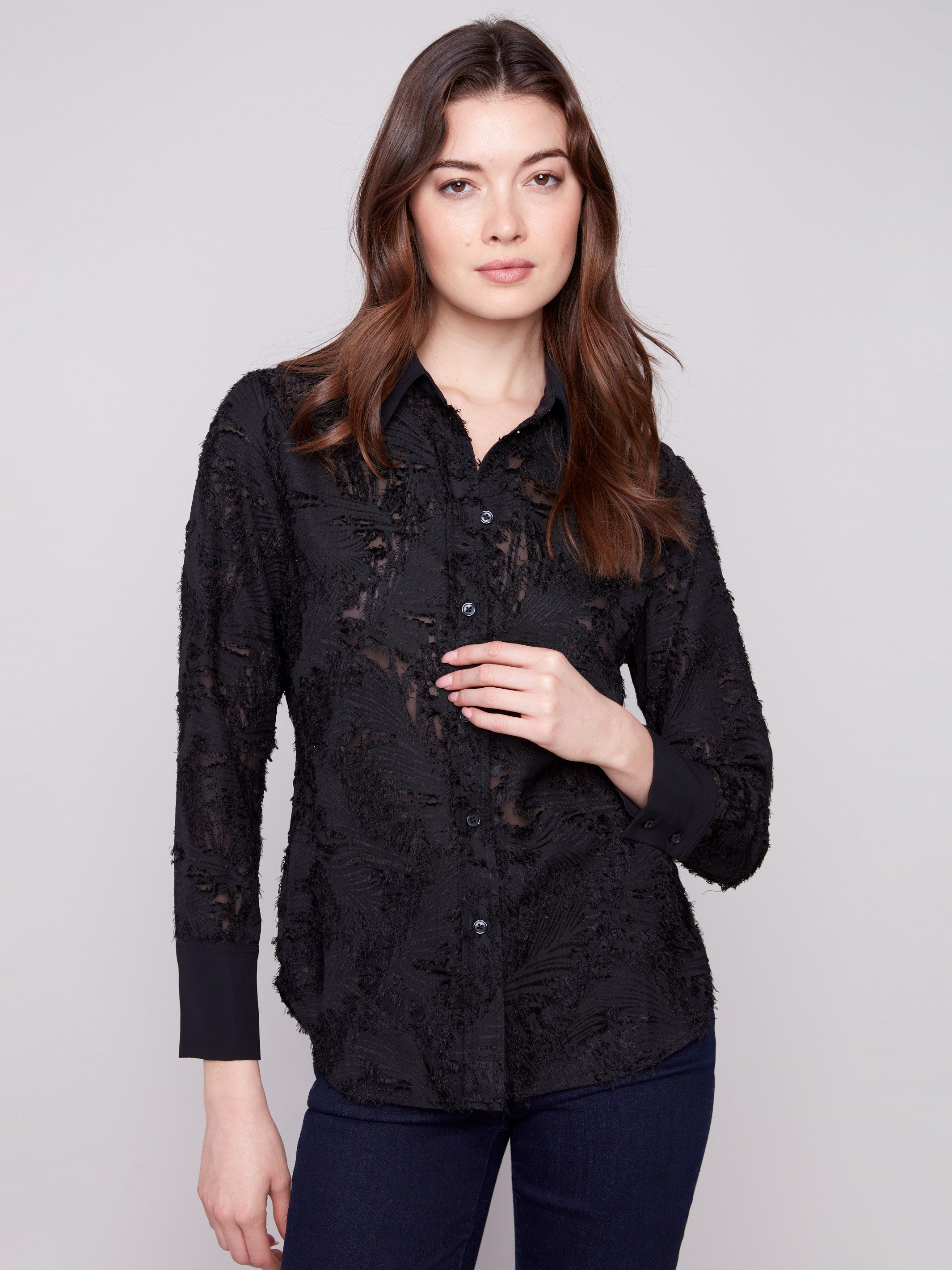 Elegant black chiffon shirt featuring a stylish shirt collar, perfect for a sophisticated look by Charlie B.
