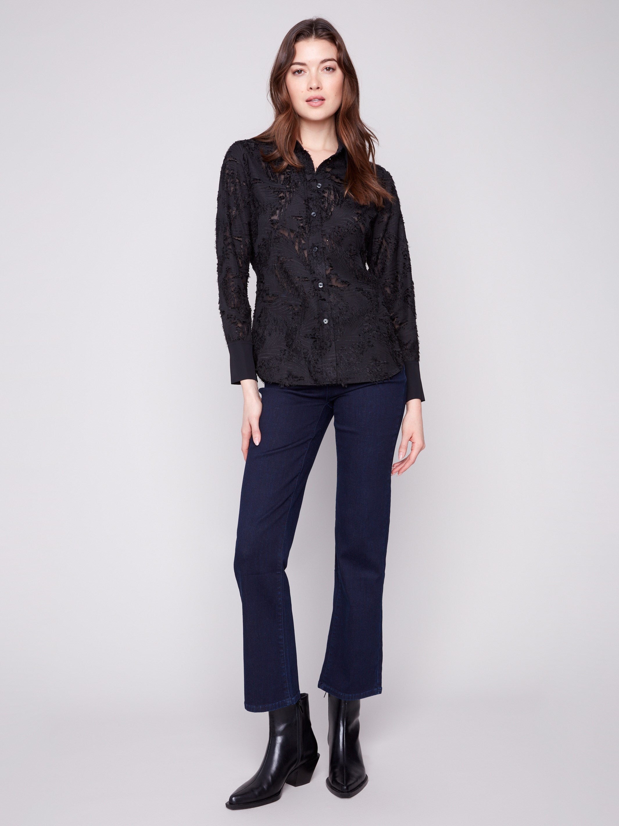 Chic black chiffon blouse with button-down closure, ideal for any smart-casual occasion by Charlie B.