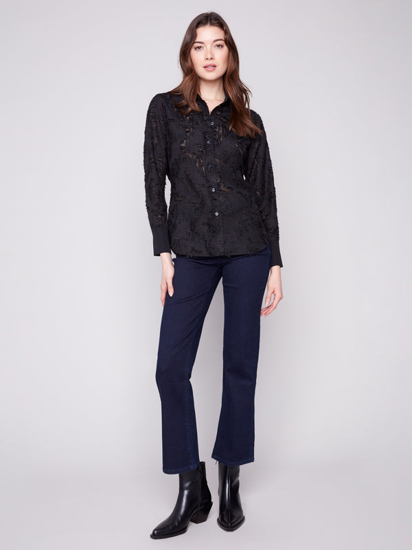 Chic black chiffon blouse with button-down closure, ideal for any smart-casual occasion by Charlie B.