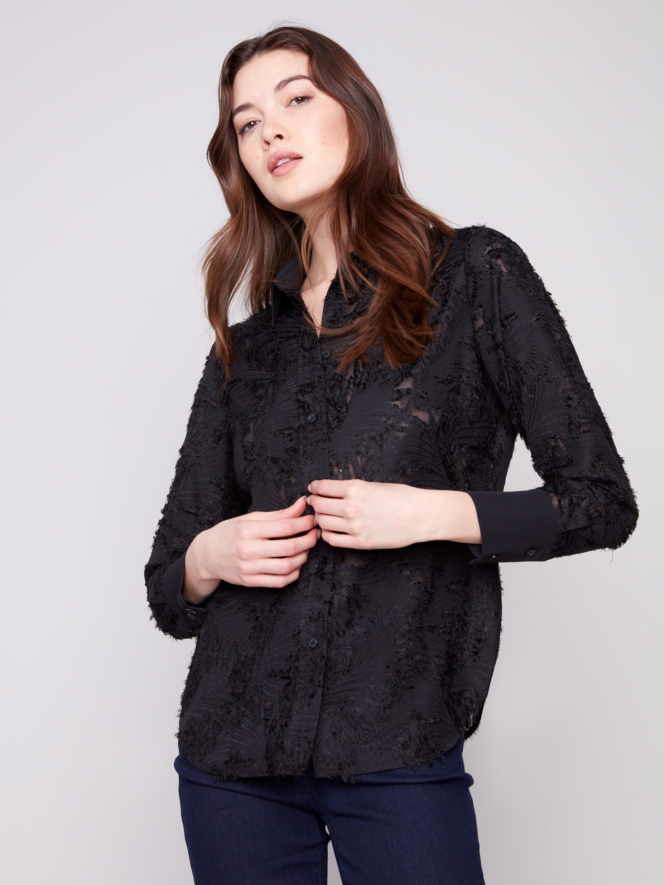 Sophisticated black long-sleeve shirt in fancy chiffon fabric, adding flair to your wardrobe by Charlie B.