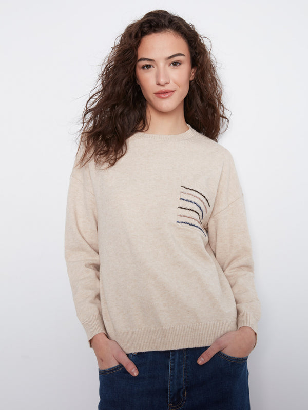 Sequin Pocket Crew Neck Sweater - Heather Almond