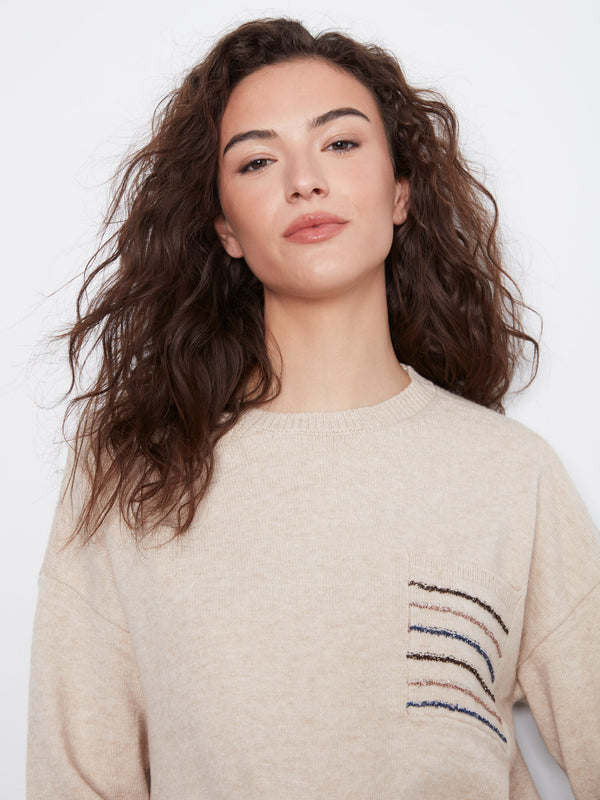 Sequin Pocket Crew Neck Sweater - Heather Almond