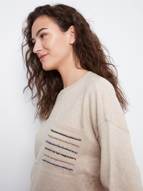 Sequin Pocket Crew Neck Sweater - Heather Almond