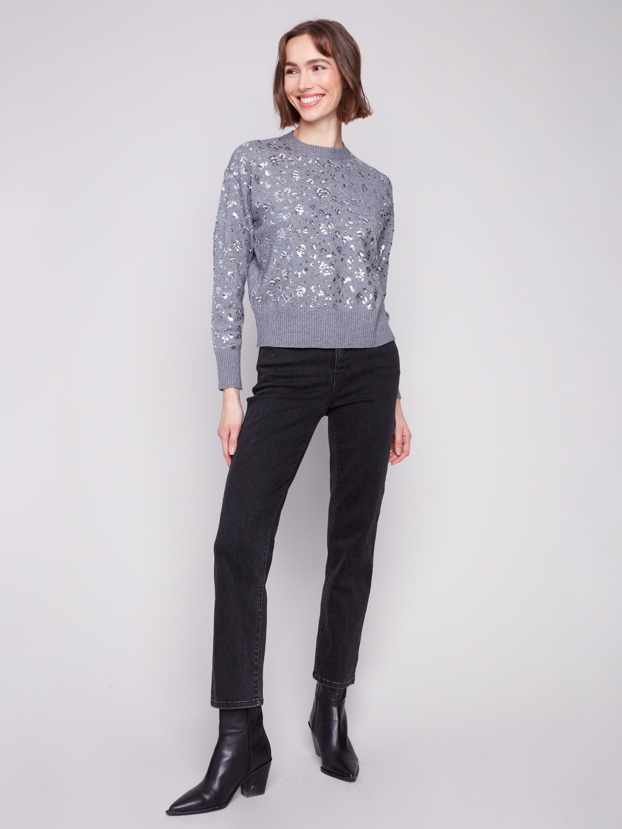 Stylish heather grey sweater with a slightly cropped fit and sequin detail by Charlie B.