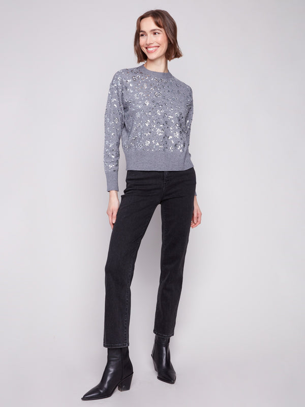 Stylish heather grey sweater with a slightly cropped fit and sequin detail by Charlie B.