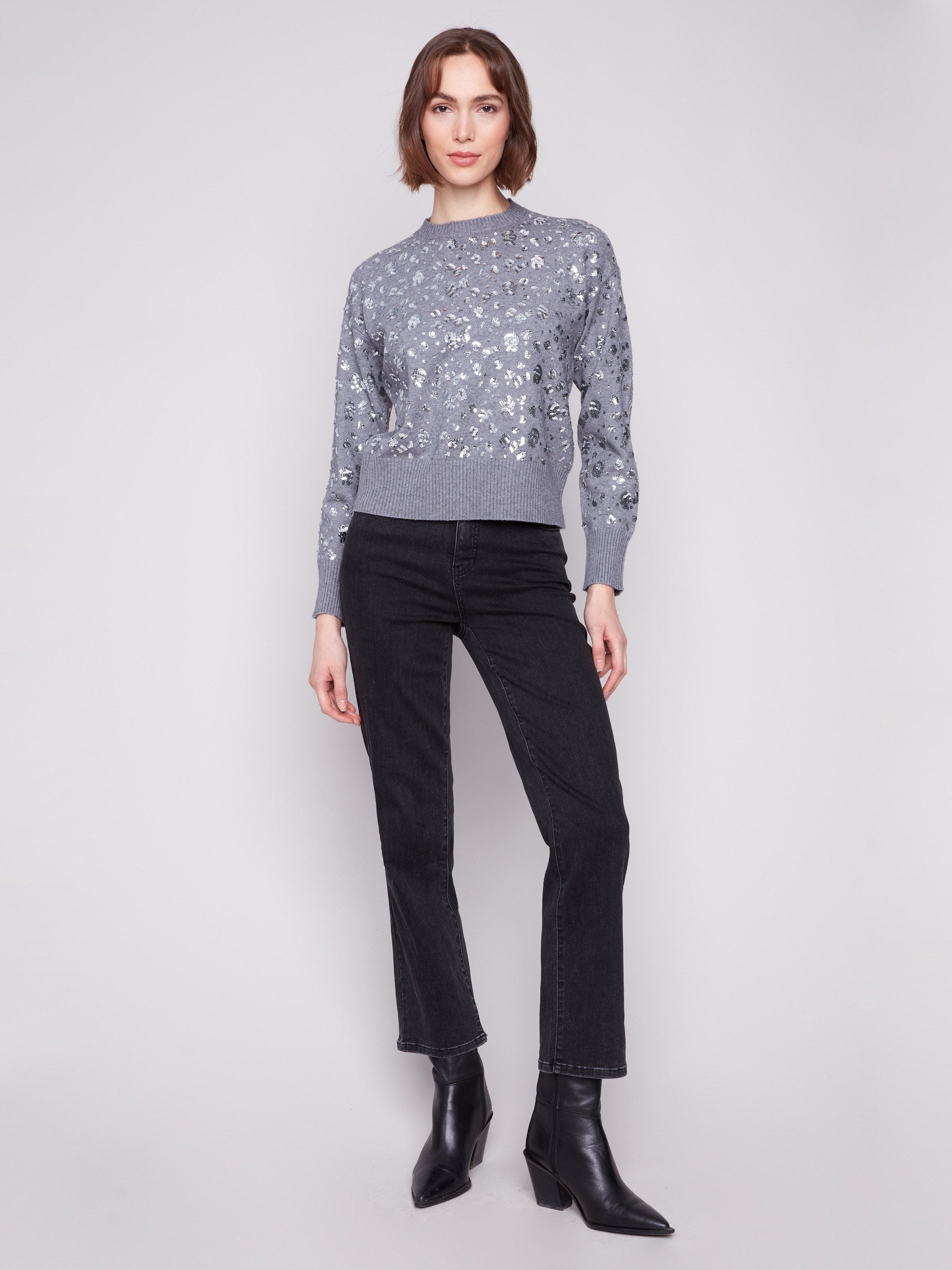 Chic heather grey sweater with crew neck and dazzling sequins embellishments by Charlie B.