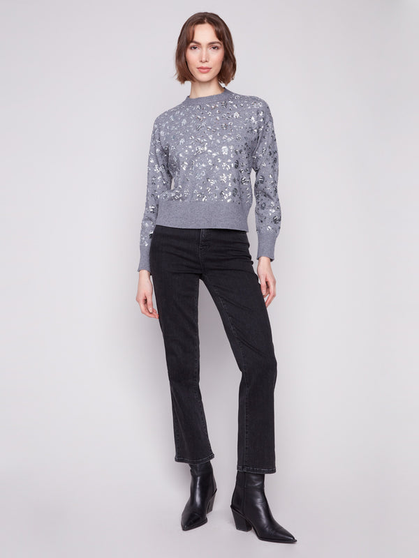 Chic heather grey sweater with crew neck and dazzling sequins embellishments by Charlie B.