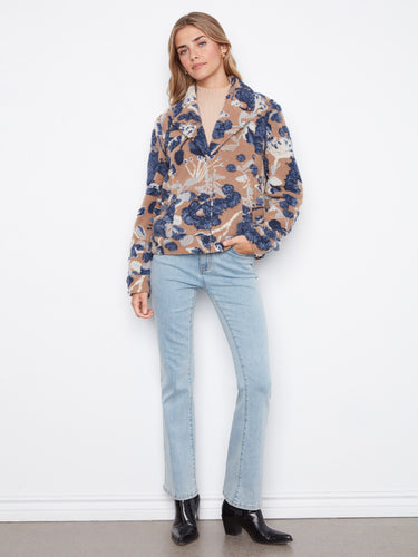Sherpa short coat featuring a tailored collar and floral design, perfect for adding elegance to your wardrobe by Charlie B.