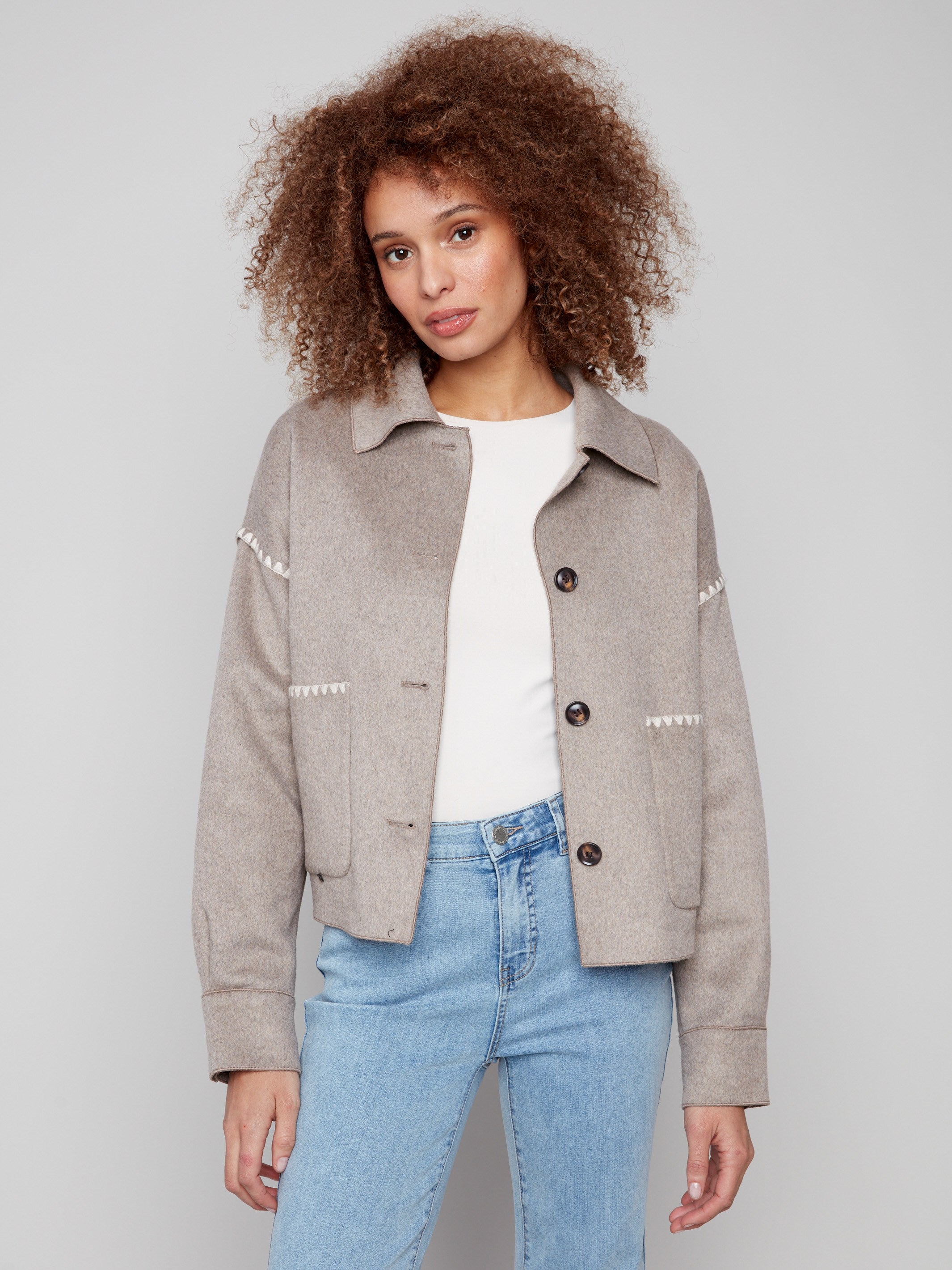 Heather oatmeal wool jacket featuring a classic shirt collar and stylish patch pockets for a chic look by Charlie B.