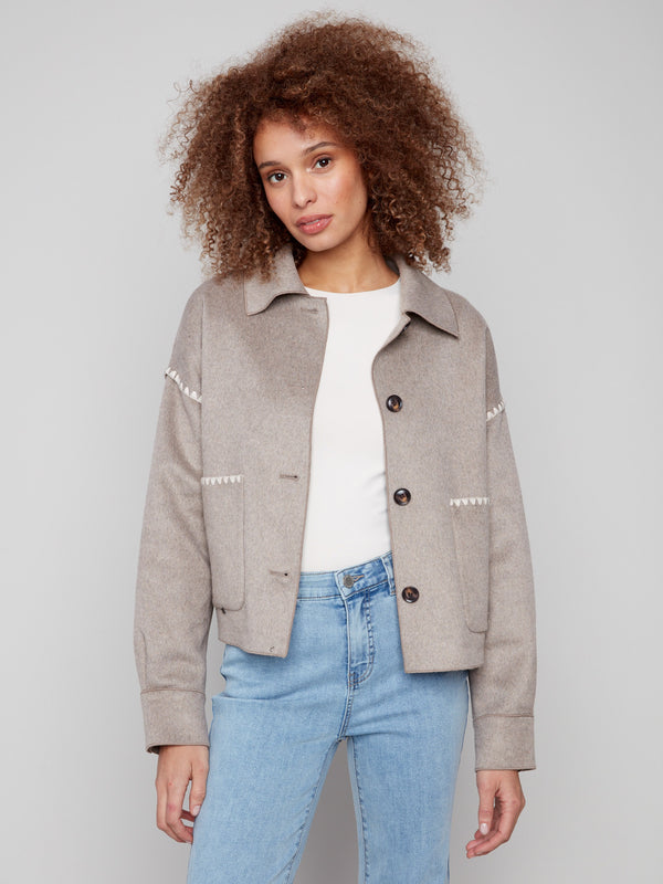 Heather oatmeal wool jacket featuring a classic shirt collar and stylish patch pockets for a chic look by Charlie B.