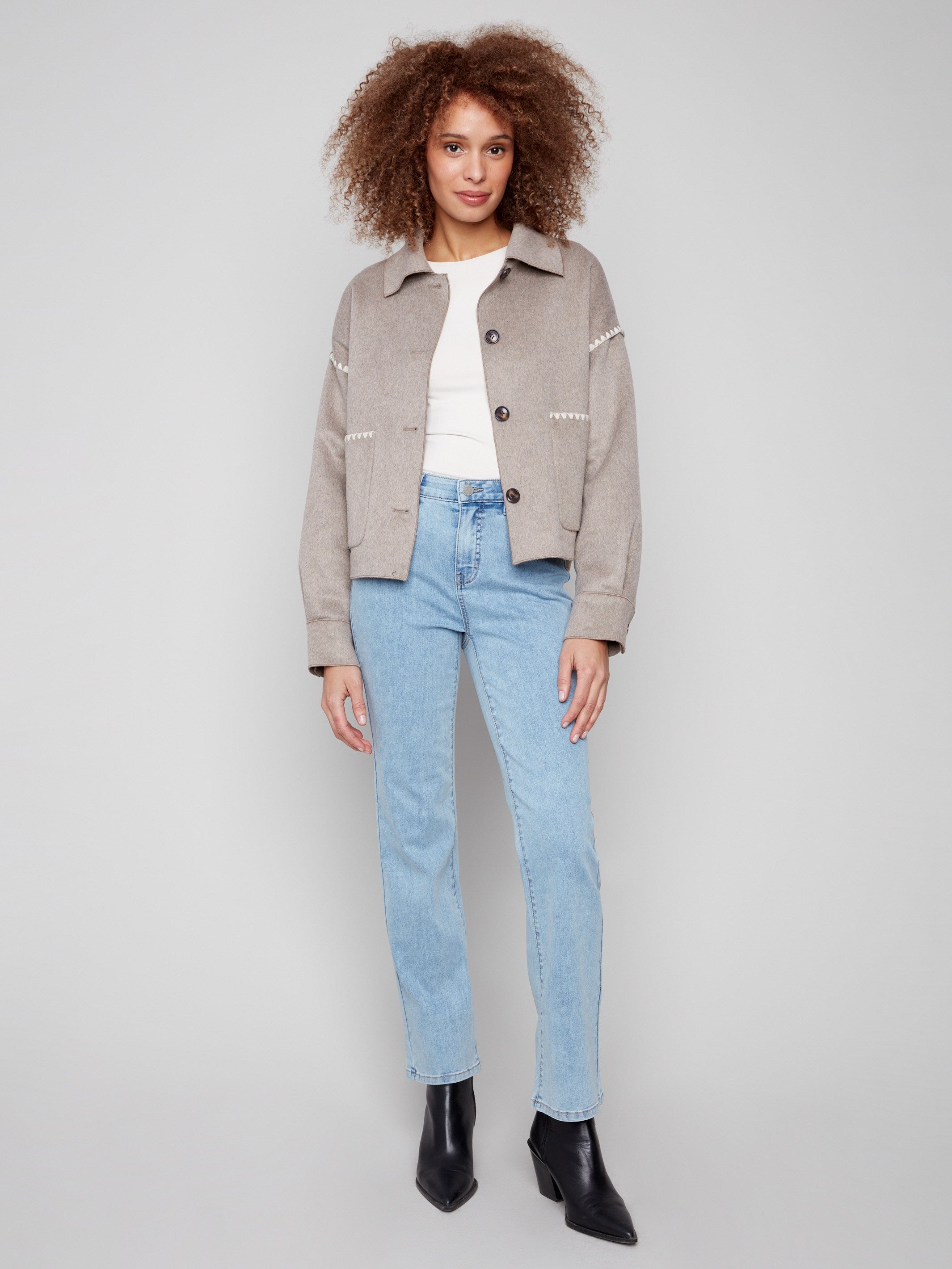 Elegant heather oatmeal jacket with button front closure, adding sophistication to any ensemble by Charlie B.
