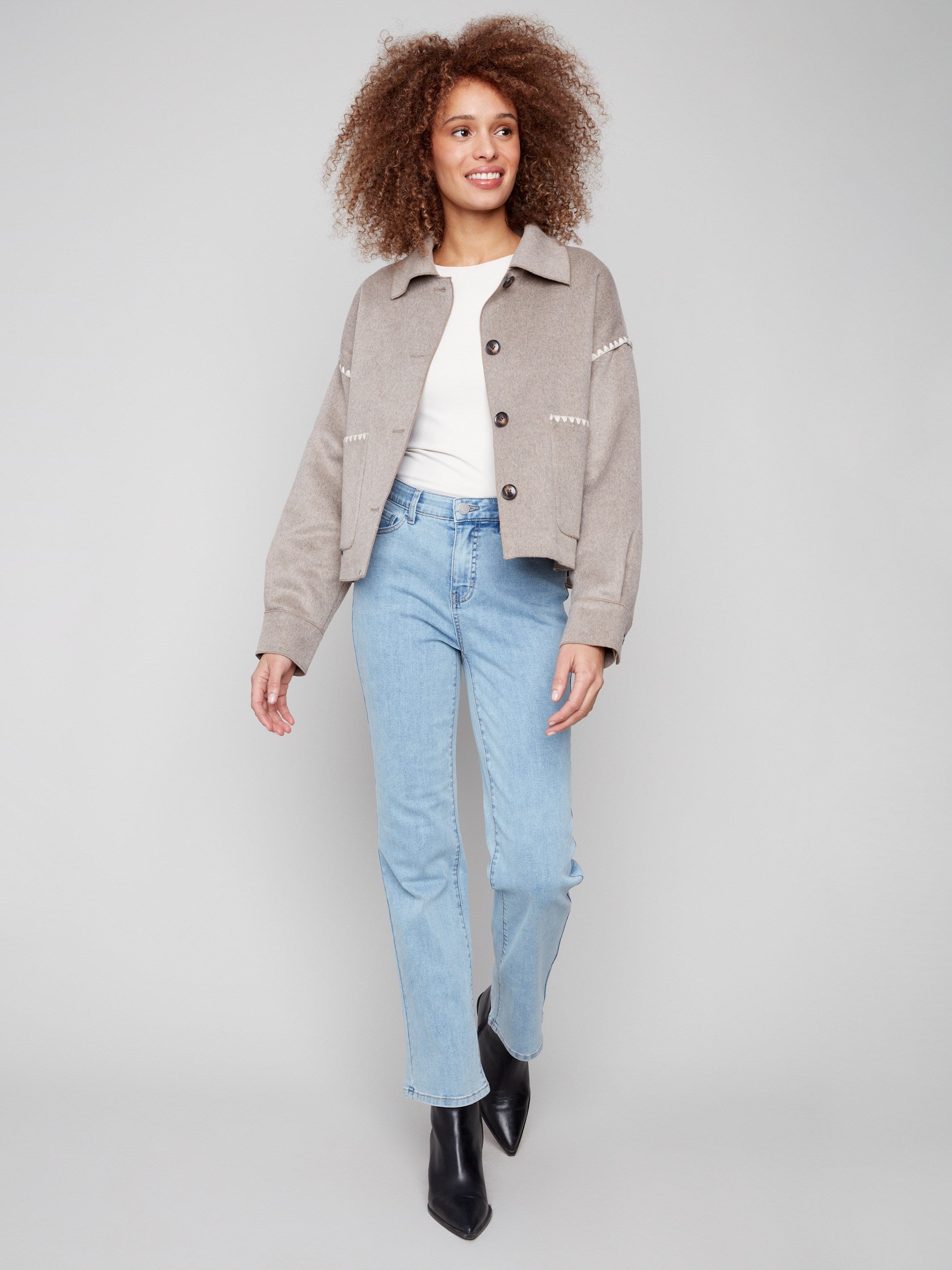 Chic double-face wool jacket in heather oatmeal with intricate blanket stitch detailing for added flair by Charlie B.