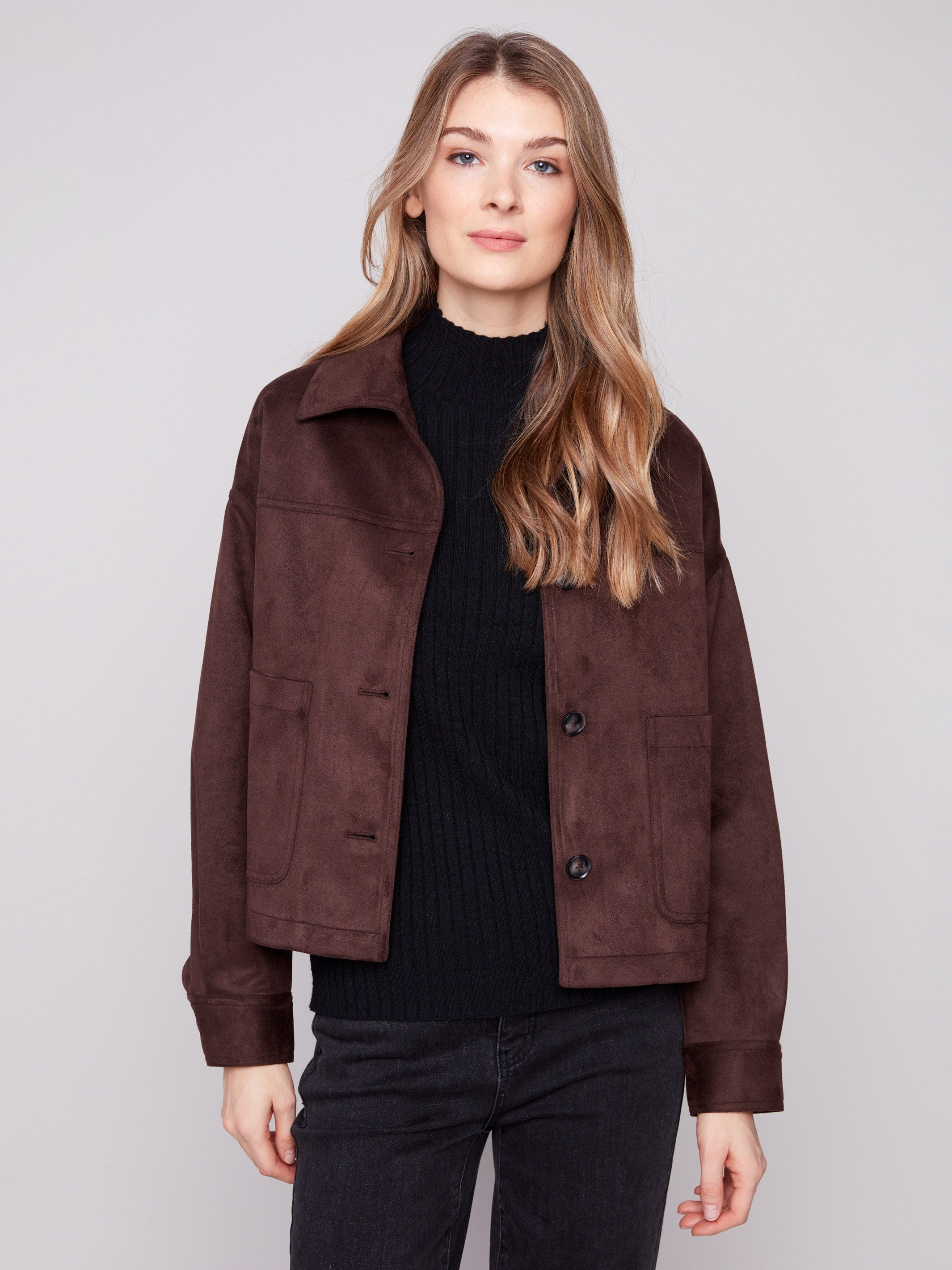 Mocha faux suede jacket featuring a classic shirt collar and stylish button cuffs by Charlie B.