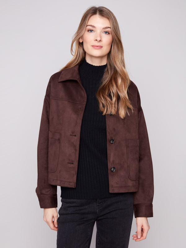 Mocha faux suede jacket featuring a classic shirt collar and stylish button cuffs by Charlie B.