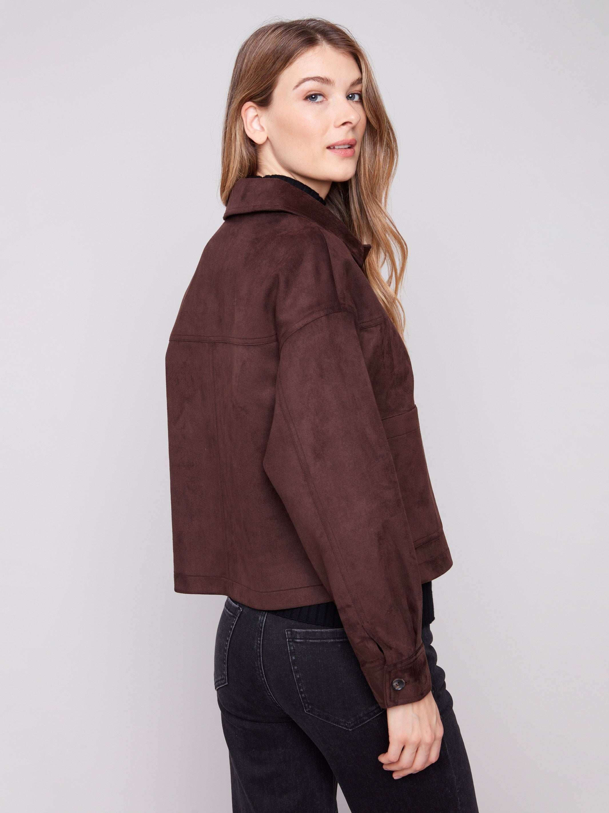 Stylish mocha faux suede jacket with practical front patch pockets and button cuffs by Charlie B.
