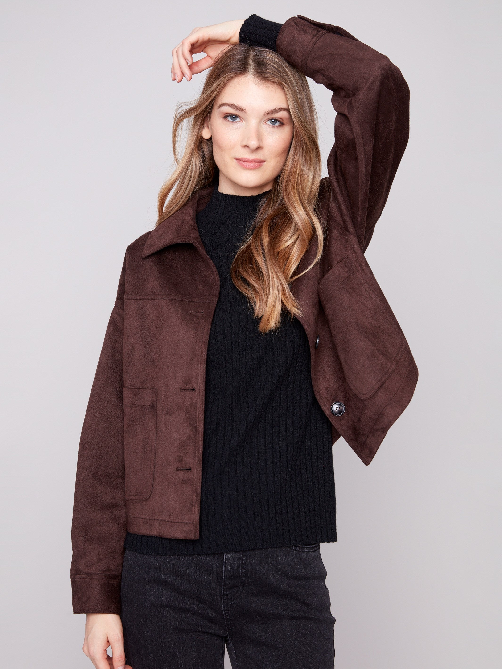 Chic mocha faux suede jacket showcasing a sleek shirt collar and functional patch pockets by Charlie B.