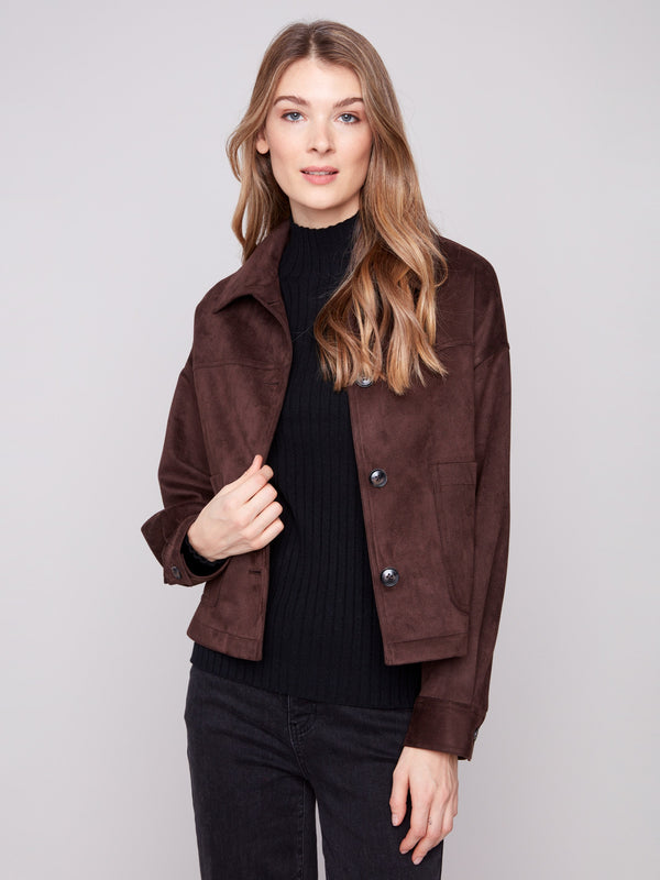 Mocha faux suede jacket designed with versatile button cuffs and a refined shirt collar by Charlie B.