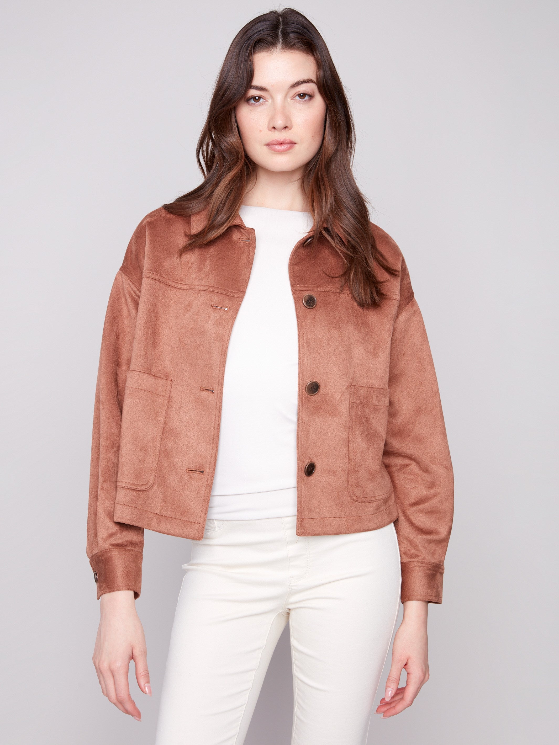 Faux suede jacket in truffle with a classic shirt collar design, perfect for layering by Charlie B.