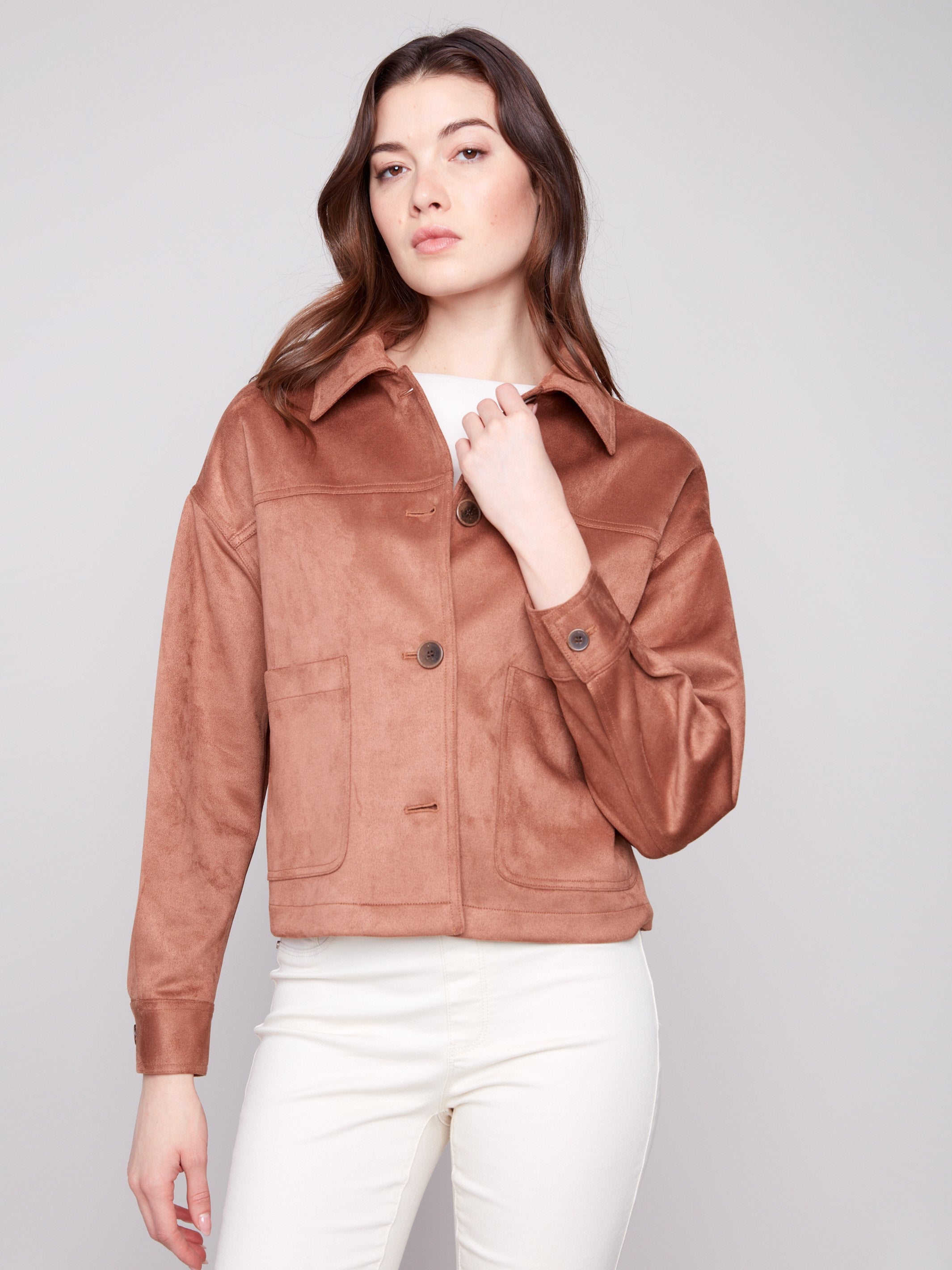 Elegant truffle jacket with convenient front patch pockets for added functionality by Charlie B.