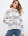 Plaid jacket with convenient snap-button closure, perfect for layering in cooler weather by Charlie B.