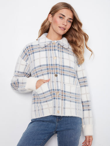Plaid jacket with convenient snap-button closure, perfect for layering in cooler weather by Charlie B.