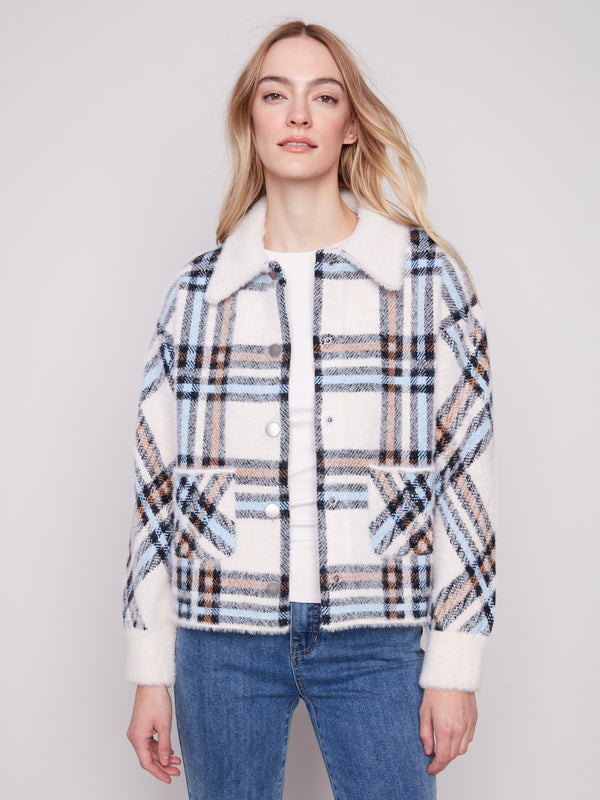 Plaid knit jacket in ecru featuring snap button closure and patch pockets, offering a chic look by Charlie B.