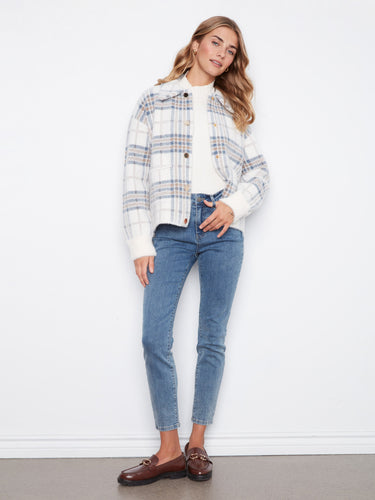 This stylish plaid jacket features a classic shirt collar, adding sophistication to any look by Charlie B.