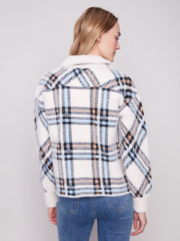 Jacket with plushy texture in an ecru plaid pattern, complete with long sleeves for cozy elegance by Charlie B.