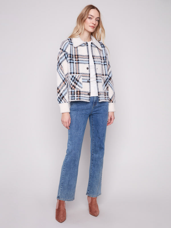 Ecru plaid jacket showcasing front patch pockets and a shirt collar, perfect for versatile style by Charlie B.