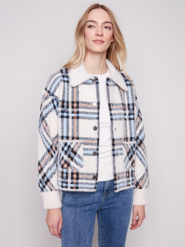 Stylish ecru plaid jacket with snap button closure and plushy texture, ideal for layering by Charlie B.