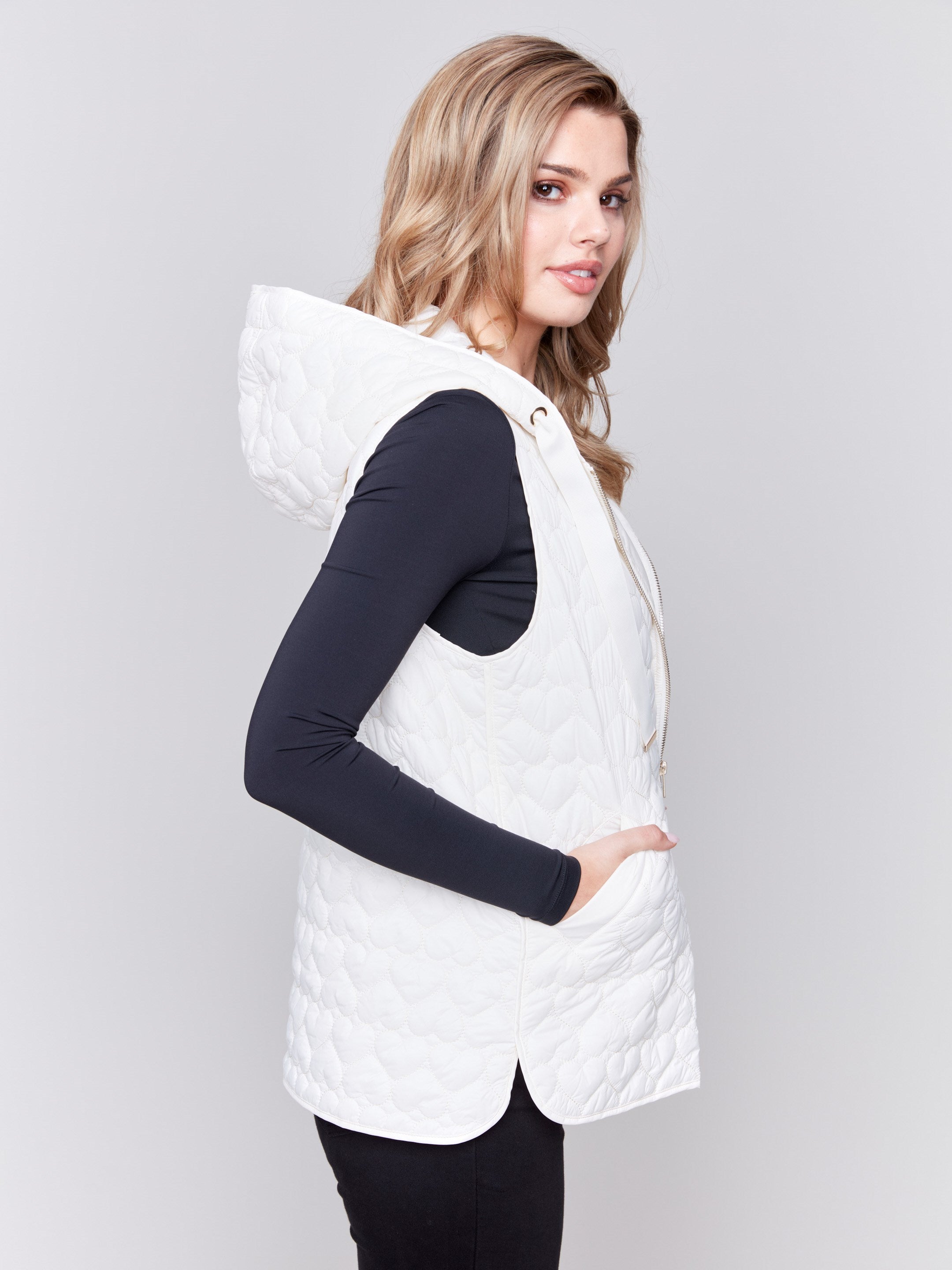 Charlie B Short Quilted Puffer Vest with Hood