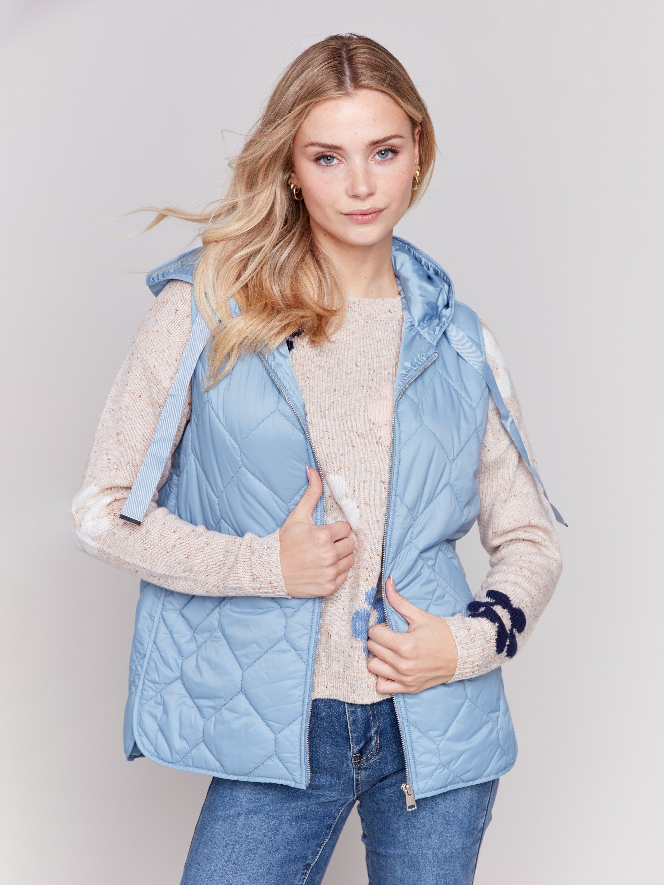 Blue quilted vest women's outlet