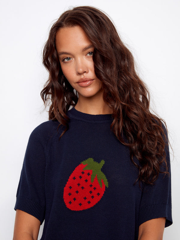 Short Sleeve Cotton Knit Top - Navy