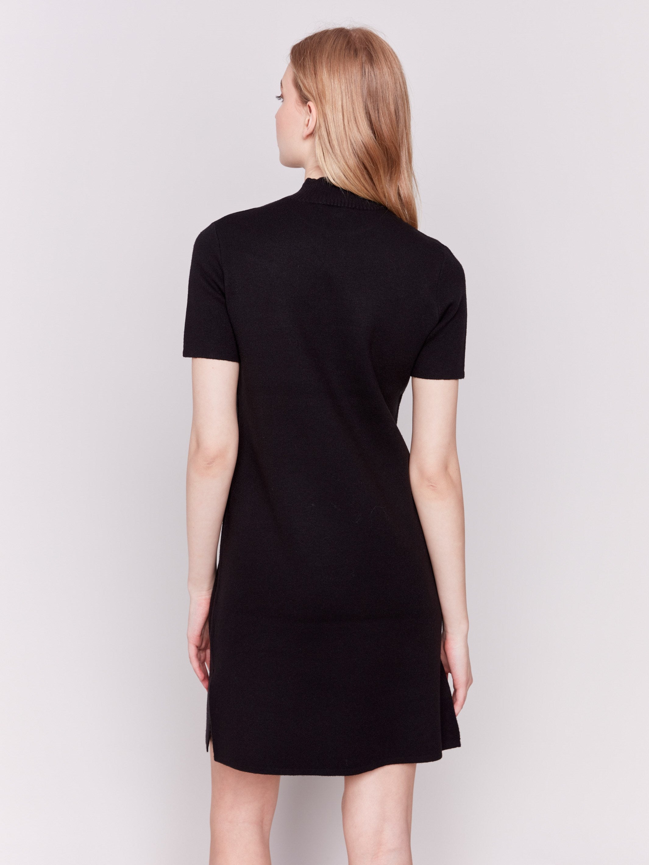 Short Sleeve Mock Neck Sweater Dress Black Small