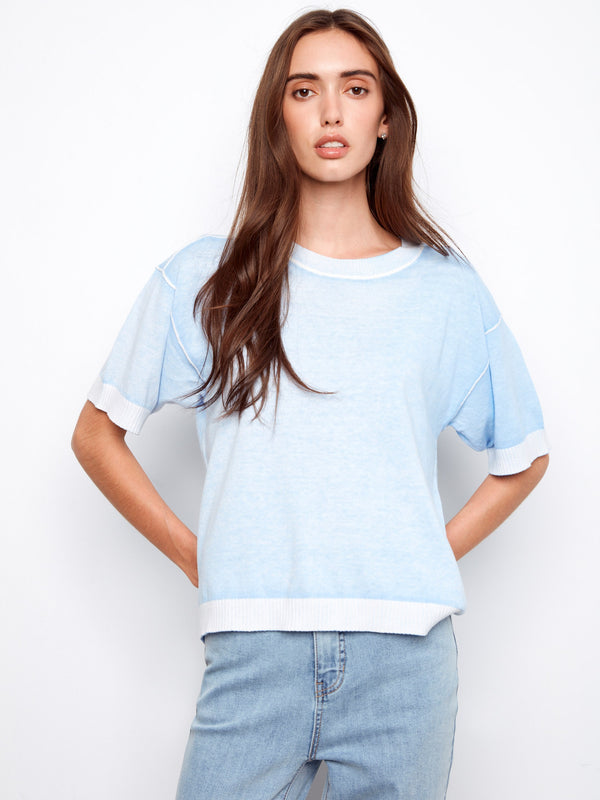 Short Sleeve Reverse Print Sweater - Bluebell