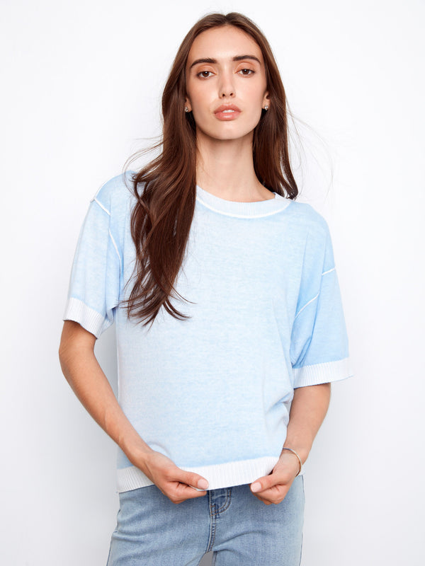 Short Sleeve Reverse Print Sweater - Bluebell