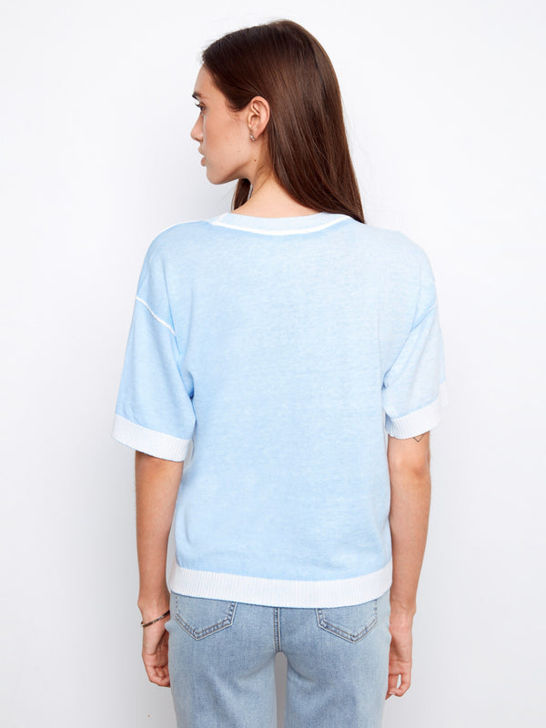 Short Sleeve Reverse Print Sweater - Bluebell