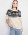 Ecru sweater with a crew neckline, featuring a geometric pattern and soft brushed knit for a cozy feel by Charlie B.